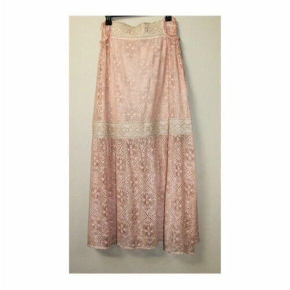 Anthropologie Queen & Pawn Pink Lace Maxima Maxi Long Boho Skirt LARGE - Picture 2 of 3